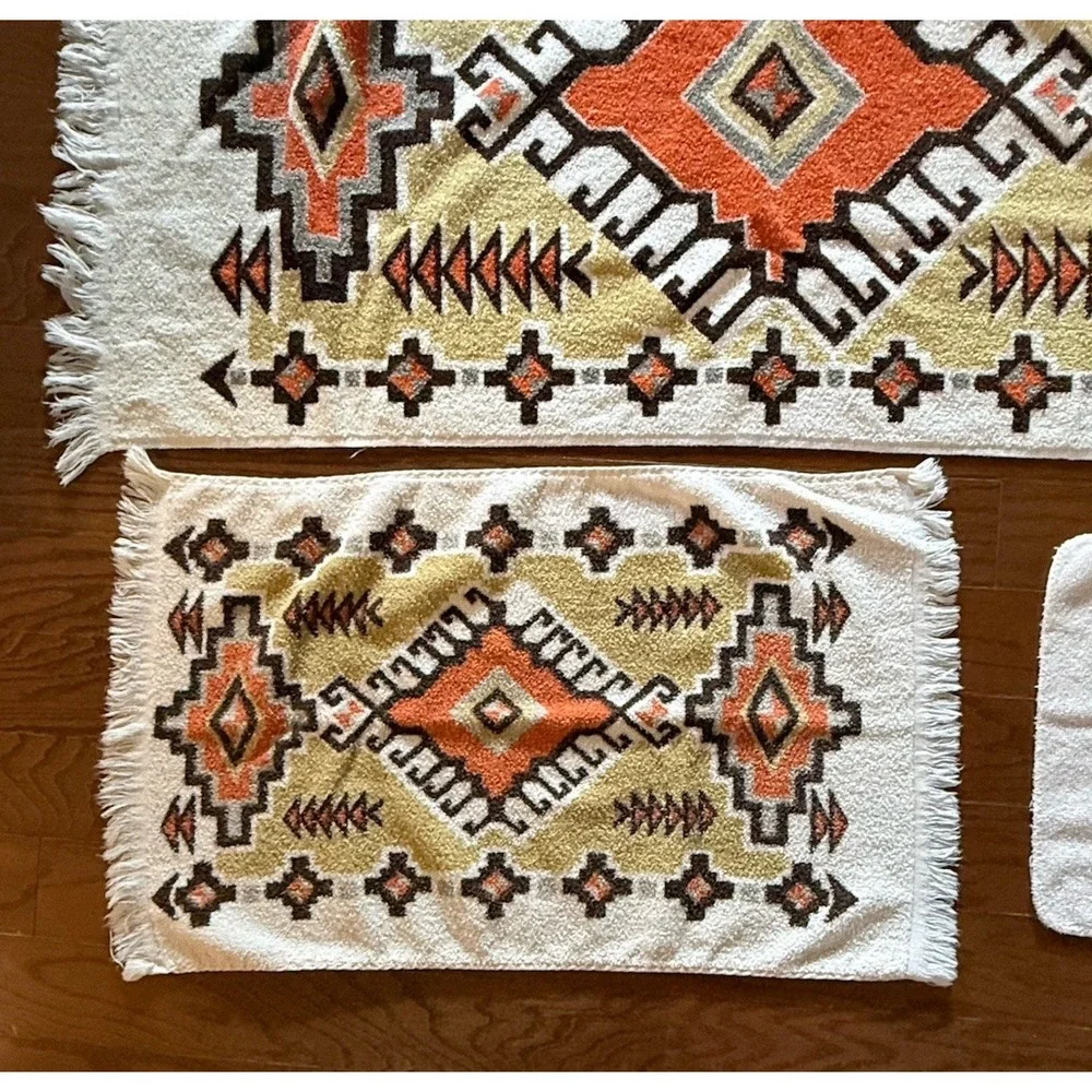 Vintage Cannon Orange Tribal Aztec Southwest 3 Pc Hand Bath Wash Towel Set
